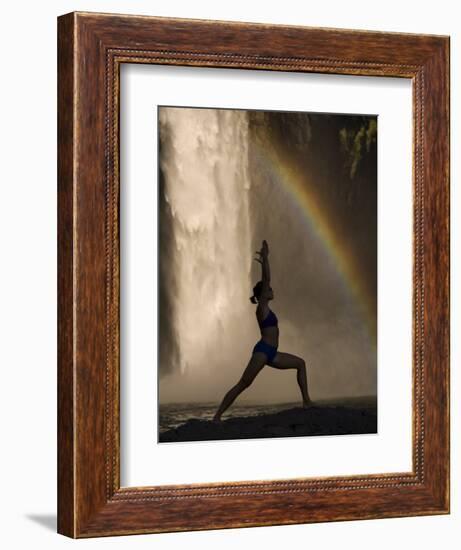 Young Woman Practicing Yoga on a Rock, Snoqualmie Falls, Washington State, USA-null-Framed Premium Photographic Print