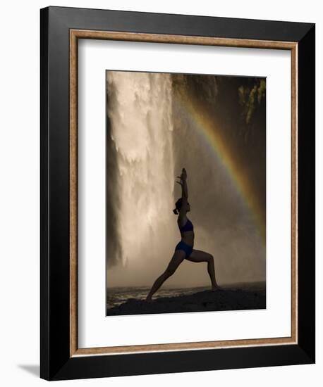 Young Woman Practicing Yoga on a Rock, Snoqualmie Falls, Washington State, USA-null-Framed Premium Photographic Print