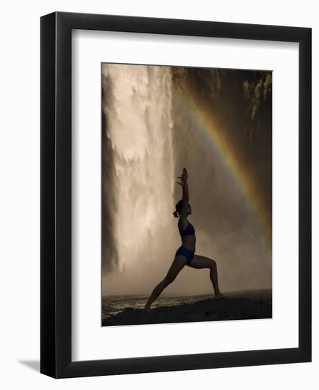 Young Woman Practicing Yoga on a Rock, Snoqualmie Falls, Washington State, USA-null-Framed Premium Photographic Print