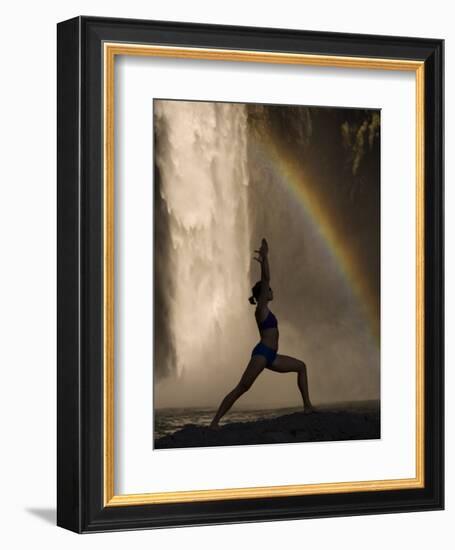 Young Woman Practicing Yoga on a Rock, Snoqualmie Falls, Washington State, USA-null-Framed Premium Photographic Print