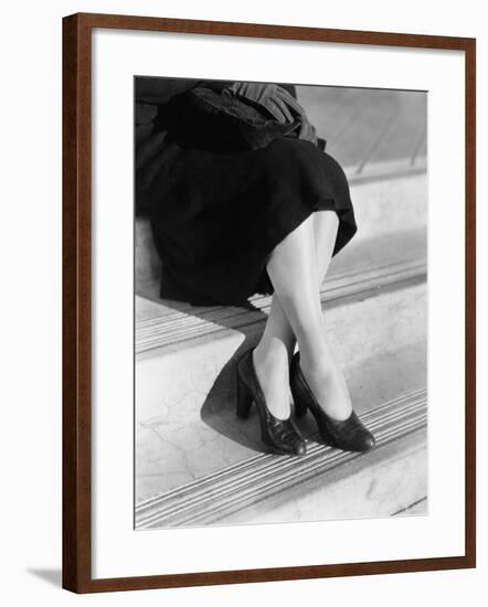 Young Woman's Legs in High Heels Sitting on a Step-null-Framed Photo