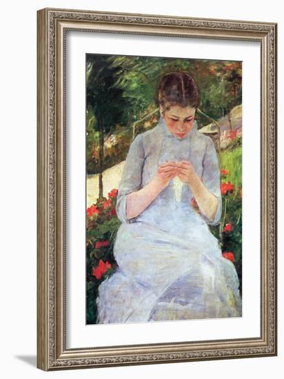 Young Woman Sewing In The Garden-Mary Cassatt-Framed Art Print