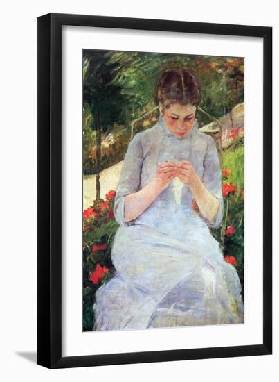Young Woman Sewing In The Garden-Mary Cassatt-Framed Art Print