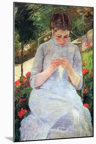 Young Woman Sewing In The Garden-Mary Cassatt-Mounted Art Print