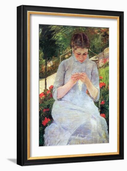 Young Woman Sewing In The Garden-Mary Cassatt-Framed Art Print