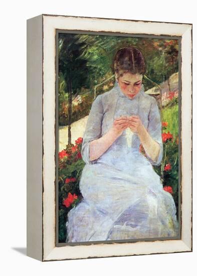 Young Woman Sewing in the Garden-Mary Cassatt-Framed Stretched Canvas