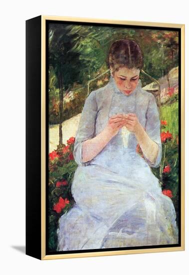 Young Woman Sewing in the Garden-Mary Cassatt-Framed Stretched Canvas