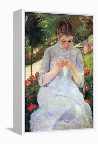 Young Woman Sewing in the Garden-Mary Cassatt-Framed Stretched Canvas