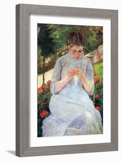 Young Woman Sewing in the Garden-Mary Cassatt-Framed Art Print
