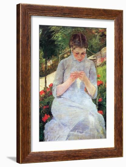 Young Woman Sewing in the Garden-Mary Cassatt-Framed Art Print