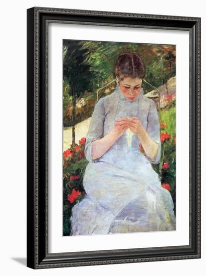 Young Woman Sewing in the Garden-Mary Cassatt-Framed Art Print