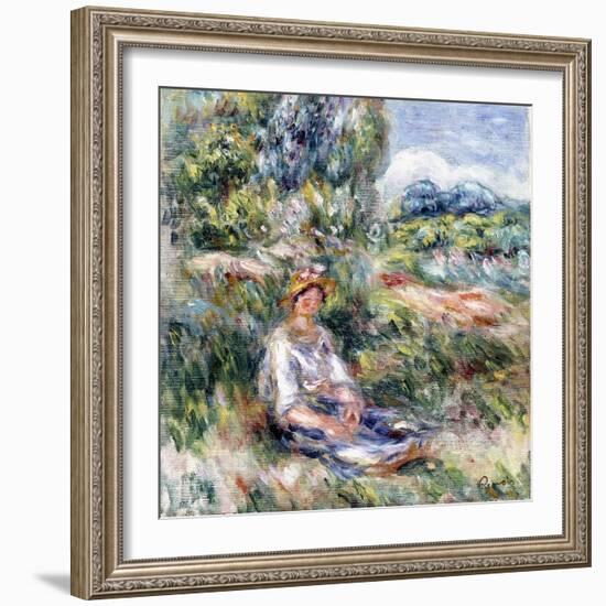 Young Woman Sitting in a Meadow-Pierre-Auguste Renoir-Framed Giclee Print