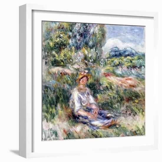 Young Woman Sitting in a Meadow-Pierre-Auguste Renoir-Framed Giclee Print