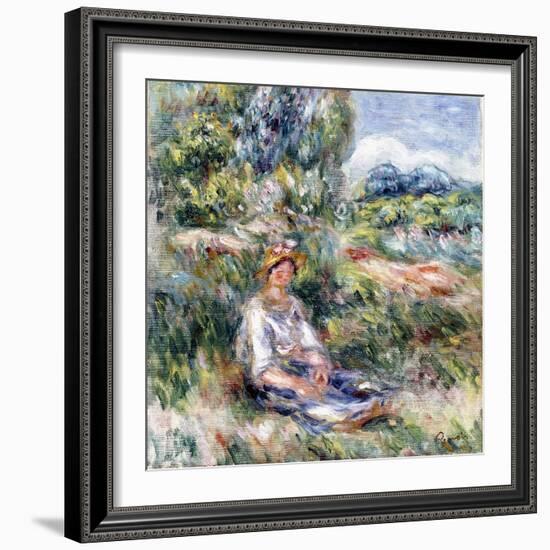 Young Woman Sitting in a Meadow-Pierre-Auguste Renoir-Framed Giclee Print