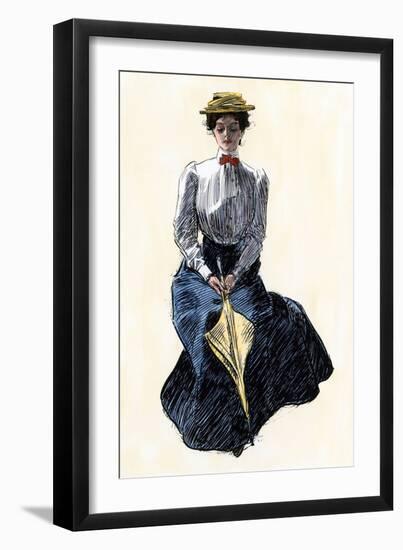 Young Woman Sitting with an Umbrella, circa 1890. “Gibson Girl”, Representation of the Ideal Americ-null-Framed Giclee Print