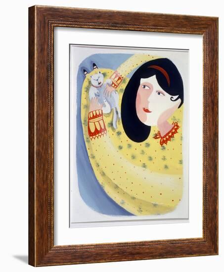 Young Woman Stroking Her Cat - Illustration by Patrizia La Porta, 1998-Patrizia La Porta-Framed Giclee Print