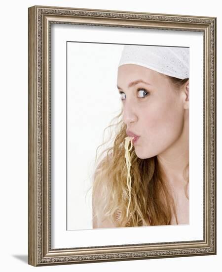 Young Woman Sucking Spaghetti-null-Framed Photographic Print