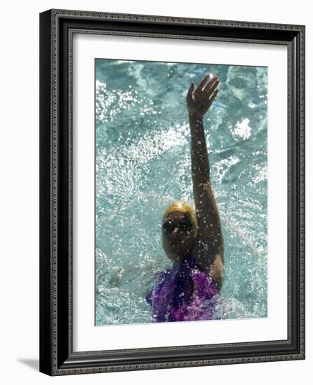 Young Woman Swimming the Backstroke in a Swimming Pool, Bainbridge Island, Washington, USA-null-Framed Photographic Print