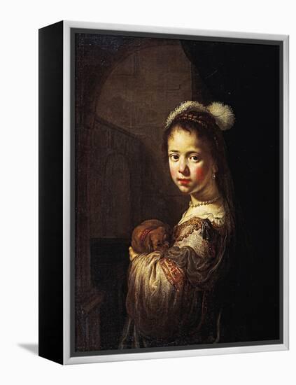 Young Woman with a Little Dog in Her Arms-null-Framed Premier Image Canvas