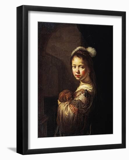 Young Woman with a Little Dog in Her Arms-null-Framed Giclee Print