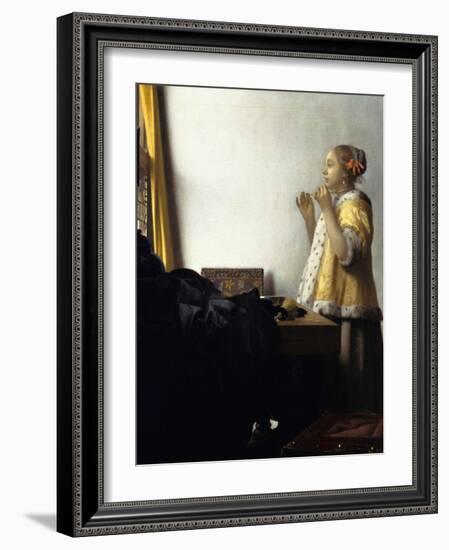 Young Woman with a Pearl Necklace, Ca 1662-Johannes Vermeer-Framed Premium Giclee Print