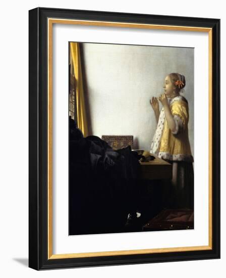 Young Woman with a Pearl Necklace, Ca 1662-Johannes Vermeer-Framed Premium Giclee Print