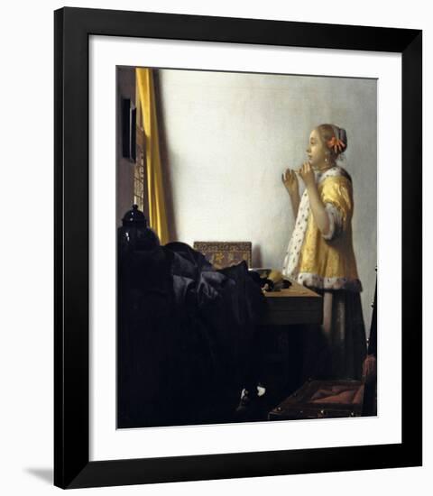 Young Woman with a Pearl Necklace-Jan Vermeer-Framed Premium Giclee Print