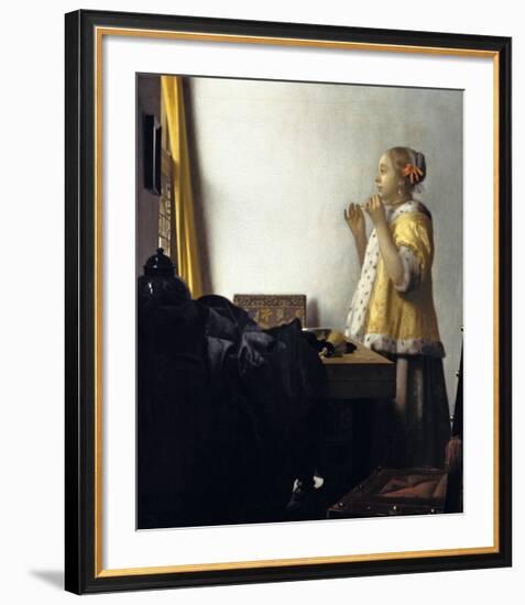 Young Woman with a Pearl Necklace-Jan Vermeer-Framed Premium Giclee Print