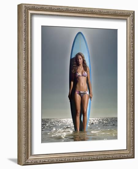 Young Woman with a Surfboard-Ben Welsh-Framed Photographic Print