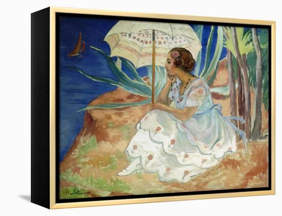 Young Woman with an Umbrella, Saint Maxime; Jeune Fille a L'Ombrelle Saint-Maxime, C.1918-Henri Lebasque-Framed Premier Image Canvas