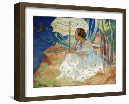 Young Woman with an Umbrella, Saint Maxime; Jeune Fille a L'Ombrelle Saint-Maxime, C.1918-Henri Lebasque-Framed Giclee Print