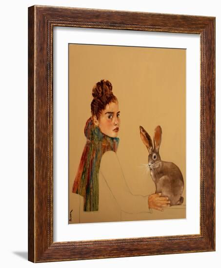 Young Woman with scarf and Hare, 2017-Susan Adams-Framed Giclee Print