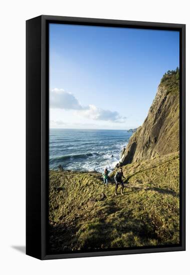 Young Women Hiking Along The Oregon Coast Trail. Oswald West State Park, OR-Justin Bailie-Framed Premier Image Canvas