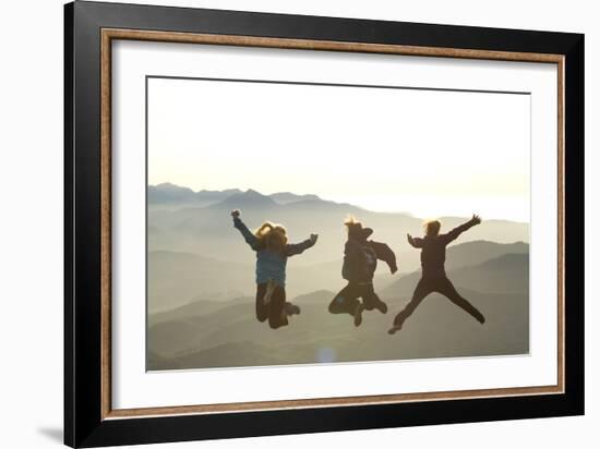 Young Women Jumping On Top Of Mountain. Saddle Mountain State Park, OR-Justin Bailie-Framed Photographic Print