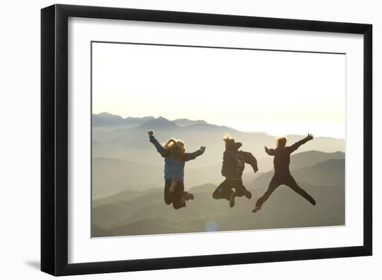 Young Women Jumping On Top Of Mountain. Saddle Mountain State Park, OR-Justin Bailie-Framed Photographic Print