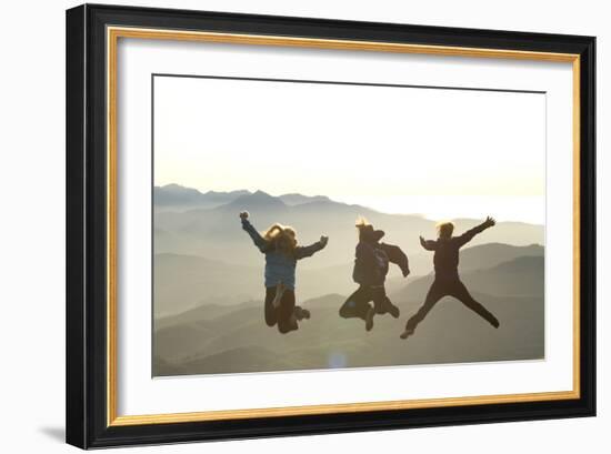 Young Women Jumping On Top Of Mountain. Saddle Mountain State Park, OR-Justin Bailie-Framed Photographic Print
