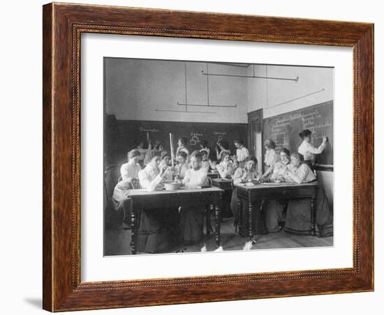 Young women performing atmospheric pressure experiments in normal school, Washington D.C., c.1899-Frances Benjamin Johnston-Framed Photographic Print