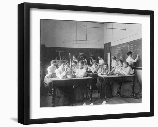 Young women performing atmospheric pressure experiments in normal school, Washington D.C., c.1899-Frances Benjamin Johnston-Framed Photographic Print