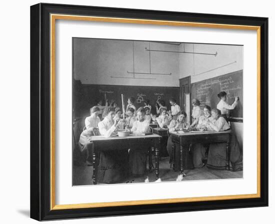 Young women performing atmospheric pressure experiments in normal school, Washington D.C., c.1899-Frances Benjamin Johnston-Framed Photographic Print