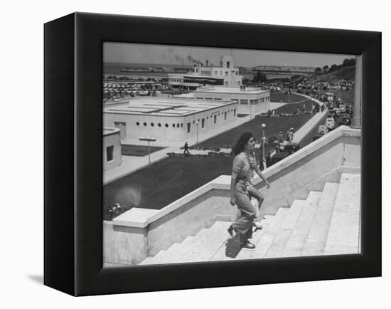 Young Women Walking Up Steps at the Beach Resort Mar Del Plata-Hart Preston-Framed Premier Image Canvas