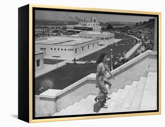 Young Women Walking Up Steps at the Beach Resort Mar Del Plata-Hart Preston-Framed Premier Image Canvas