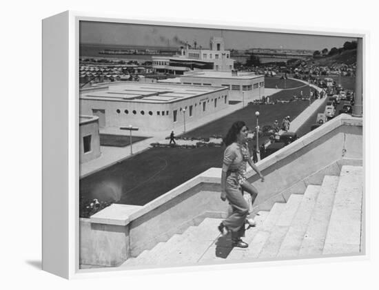 Young Women Walking Up Steps at the Beach Resort Mar Del Plata-Hart Preston-Framed Premier Image Canvas