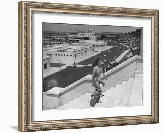 Young Women Walking Up Steps at the Beach Resort Mar Del Plata-Hart Preston-Framed Premium Photographic Print