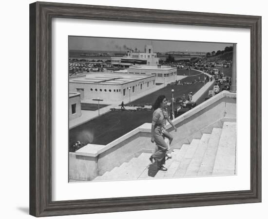 Young Women Walking Up Steps at the Beach Resort Mar Del Plata-Hart Preston-Framed Premium Photographic Print