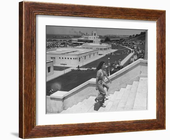 Young Women Walking Up Steps at the Beach Resort Mar Del Plata-Hart Preston-Framed Premium Photographic Print