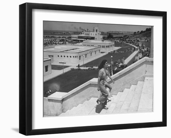 Young Women Walking Up Steps at the Beach Resort Mar Del Plata-Hart Preston-Framed Premium Photographic Print