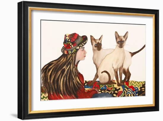 Young women with Siamese Cats-Susan Adams-Framed Giclee Print