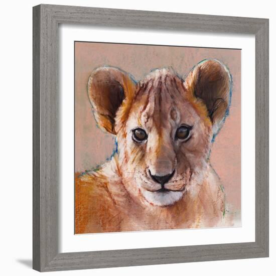 Youngest Cub, Masai Mara, 2019, (conté and pastel on paper)-Mark Adlington-Framed Giclee Print