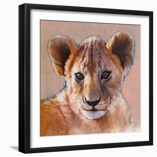 Youngest Cub, Masai Mara, 2019, (conté and pastel on paper)-Mark Adlington-Framed Giclee Print