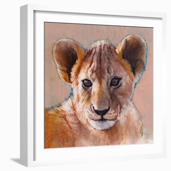 Youngest Cub, Masai Mara, 2019, (conté and pastel on paper)-Mark Adlington-Framed Giclee Print